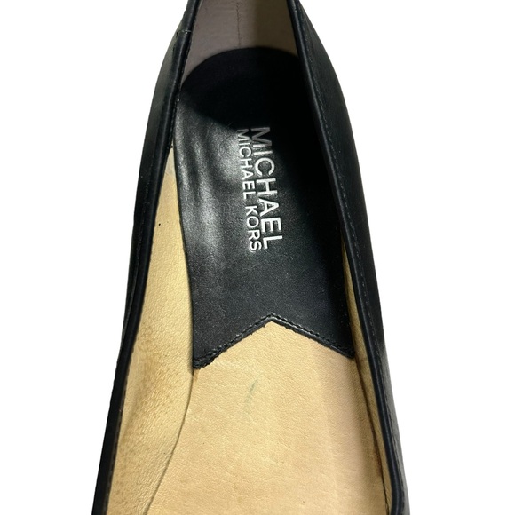 MICHAEL KORS black leather slip on flats w open toe front silver logo 7M EUC - Picture 8 of 9